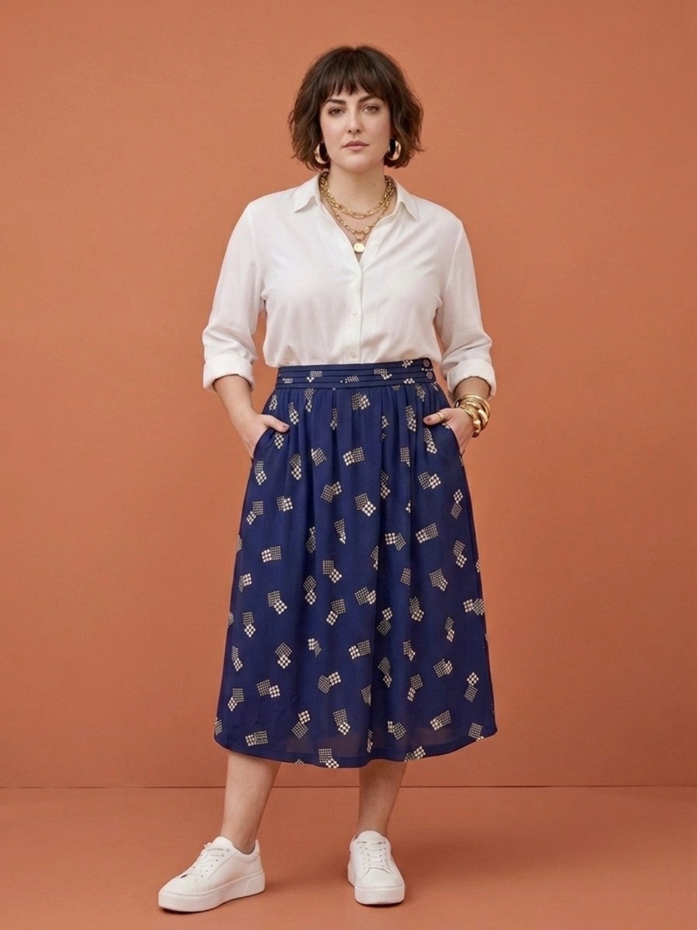 Vintage 80s Kelly Harper Navy Blue Geometric A Line Midi Skirt Pockets Size L